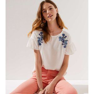 LOFT Blue Floral Applique Flounce Sleeve Tunic Top